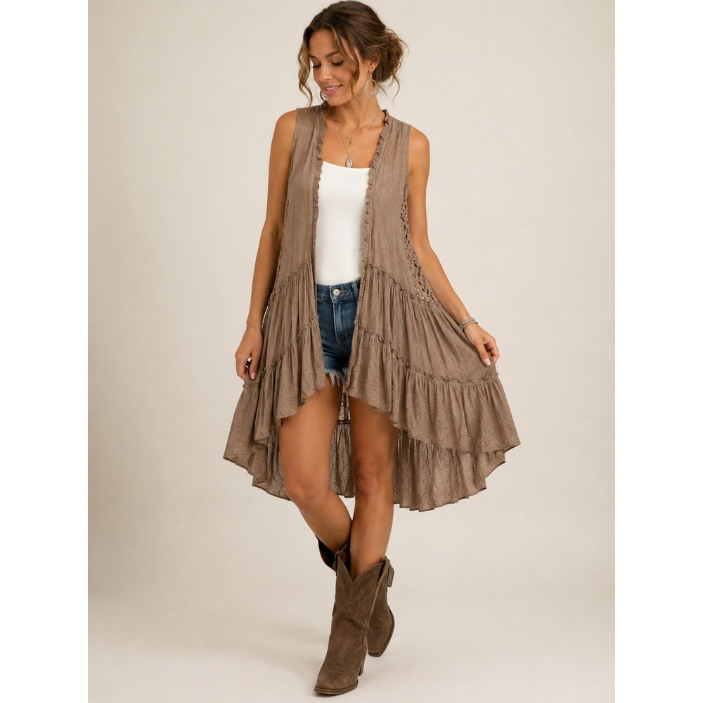 Entro Brown Lace Back Duster Vest Open Front High Low Boho Size S